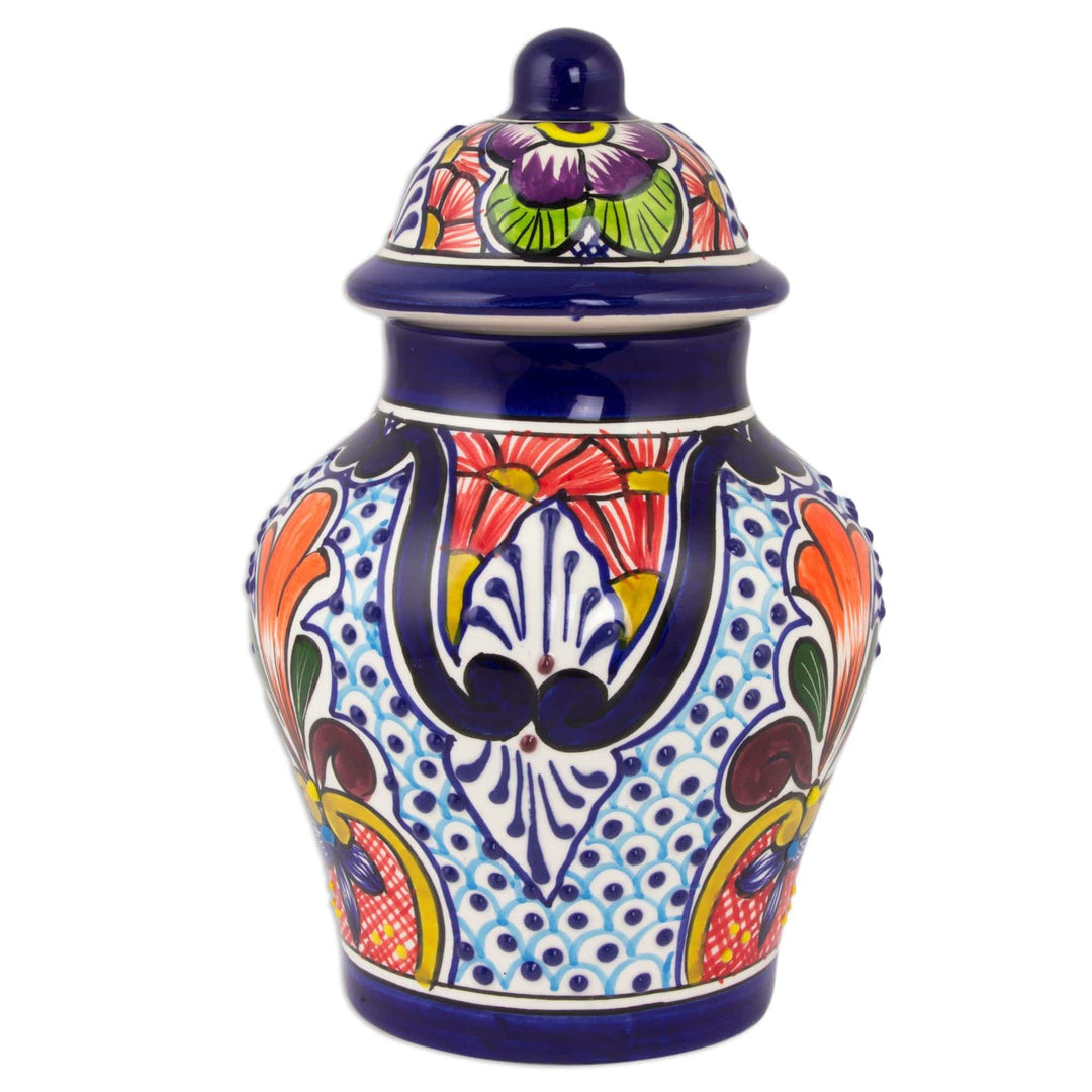 Handcrafted Talavera-Style Mexican Ceramic Lidded Ginger Jar - Radiant Flowers