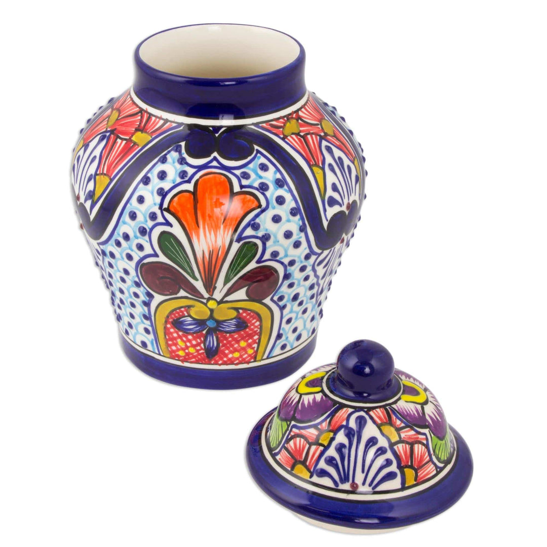 Handcrafted Talavera-Style Mexican Ceramic Lidded Ginger Jar - Radiant Flowers