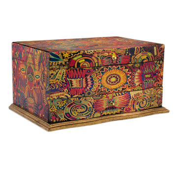 Wood Decoupage Jewelry Box with 3 Decks - Huichol Enchantment