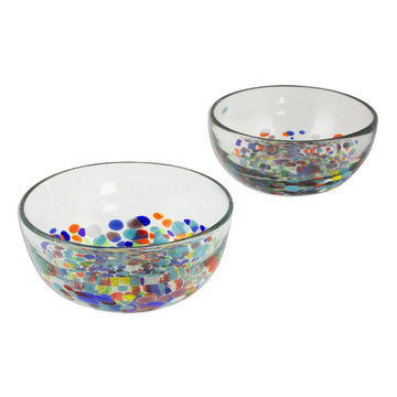 2 Artisan Crafted Colorful Mexican Hand Blown Bowls Set - Confetti Festival