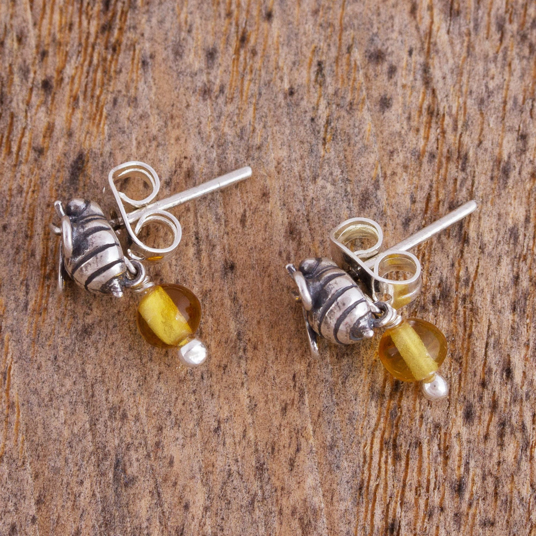 Sterling Silver Amber Honeybee Post Earrings - Busy Bees