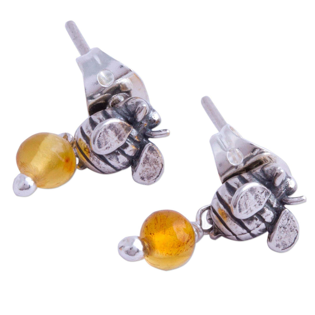 Sterling Silver Amber Honeybee Post Earrings - Busy Bees