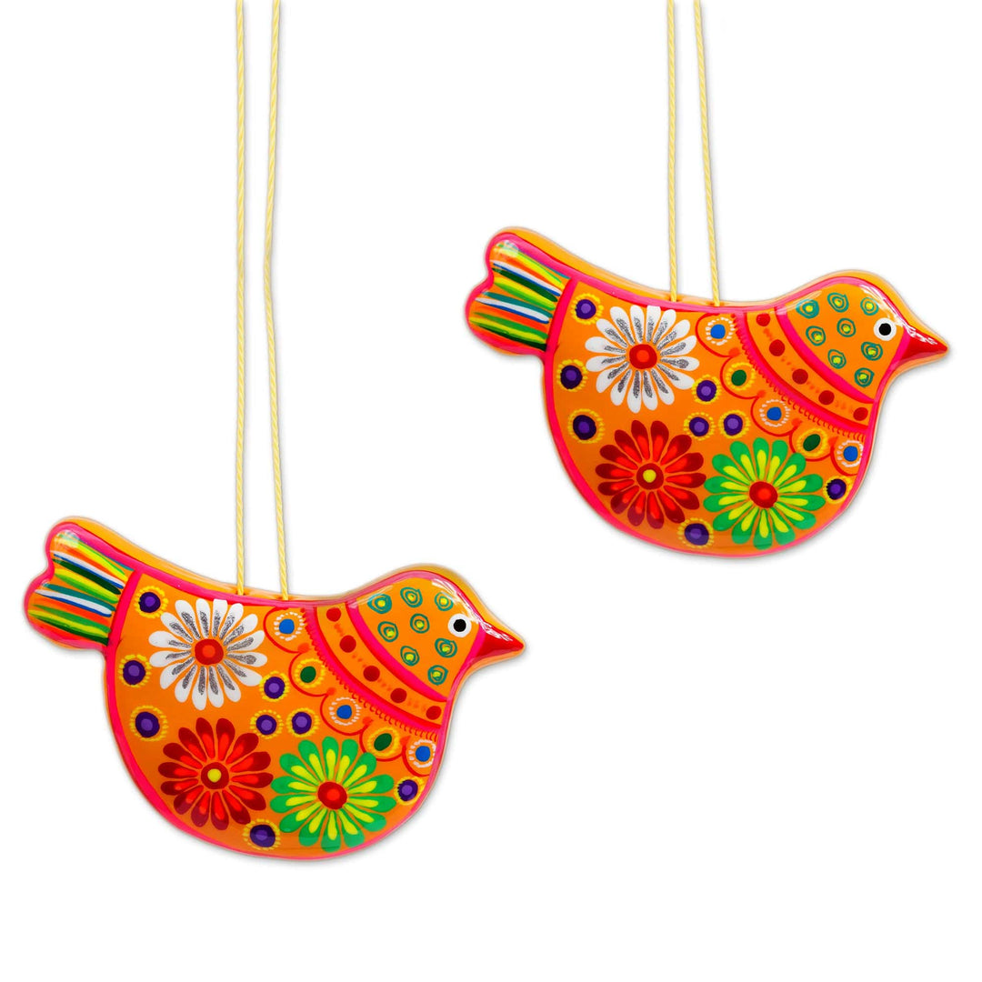 2 Yellow Floral Ceramic Peace Dove Ornaments Crafted by Hand - Marigold Dove