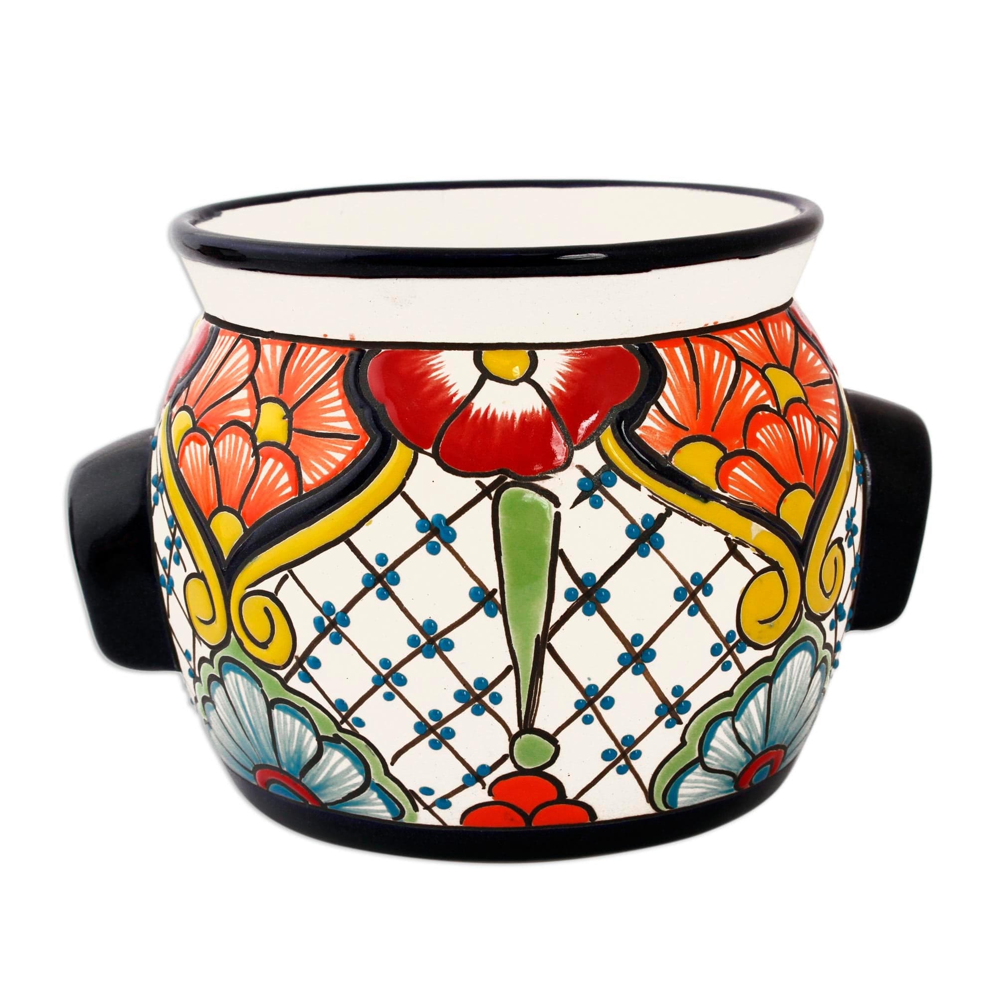 2 Talavera Style Hand-Painted Ceramic Mugs in Beige & White - Splendid –  GlobeIn