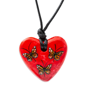 Hand Painted Heart Shaped Monarch Pendant Necklace - Monarchs on Red