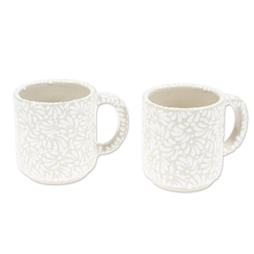 2 Talavera Style Hand-Painted Ceramic Mugs in Beige & White - Splendid Spring