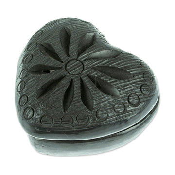 Barro Negro Black Ceramic Mini Jewelry Box Crafted in Mexico - Heart & Flower