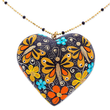 Black Wood Pendant Necklace with Butterflies - Loving Hope