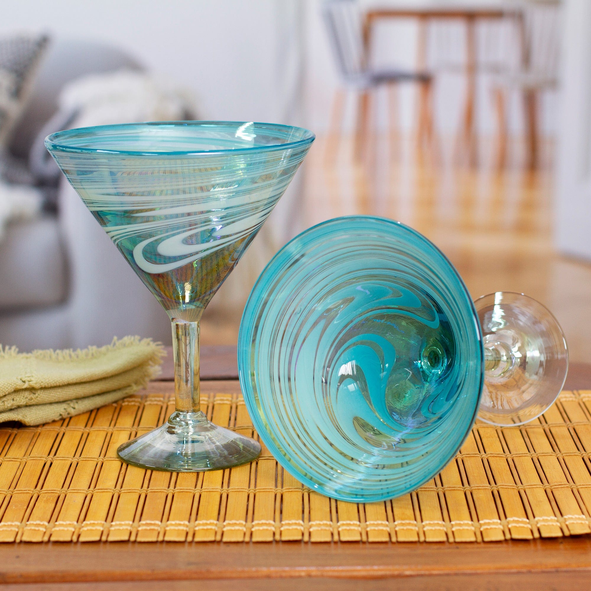 Set of 4 Turquoise and White Martini Glasses from Mexico - Waves of Glamour