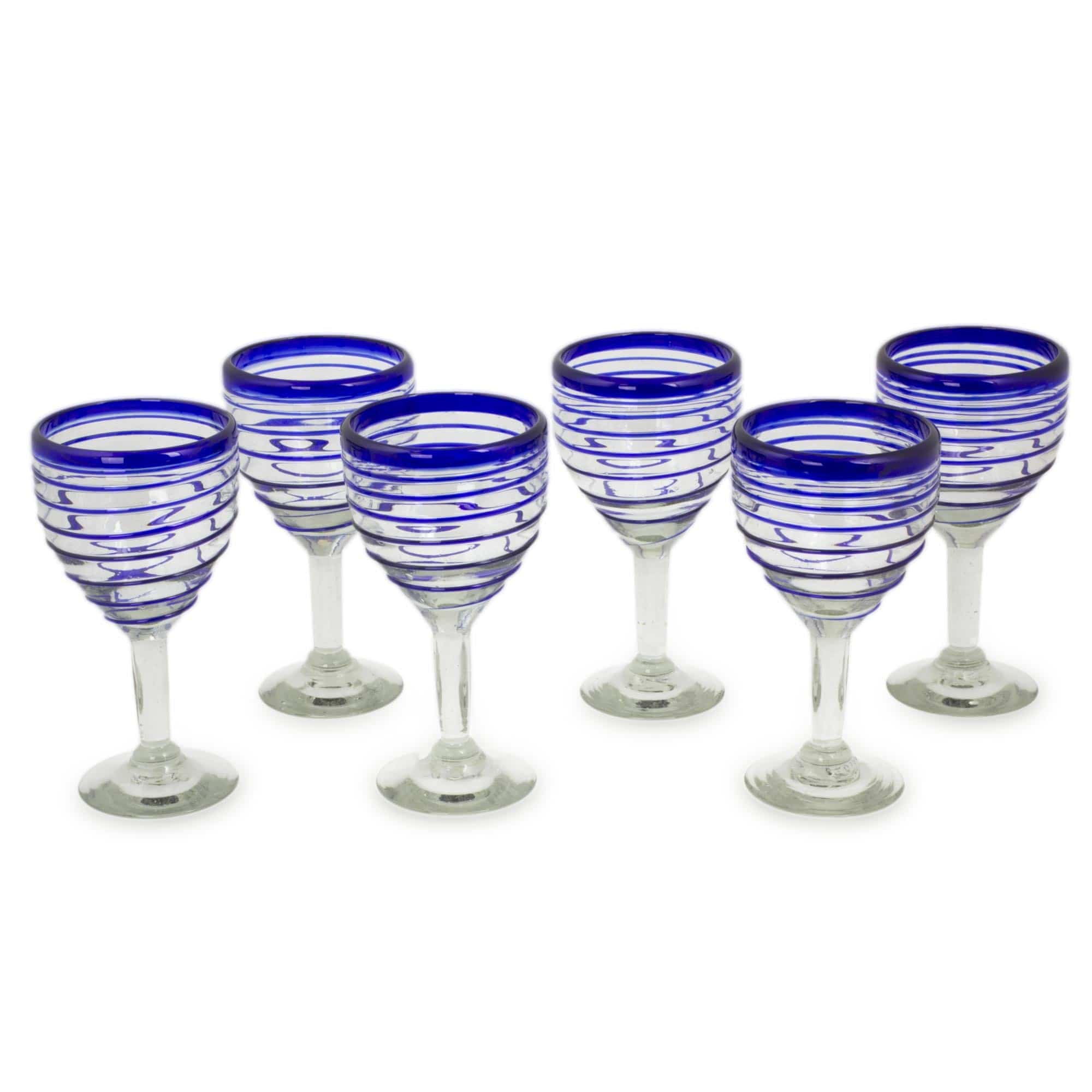 Set of 6 Hand Blown Glass Cups With Blue Lines