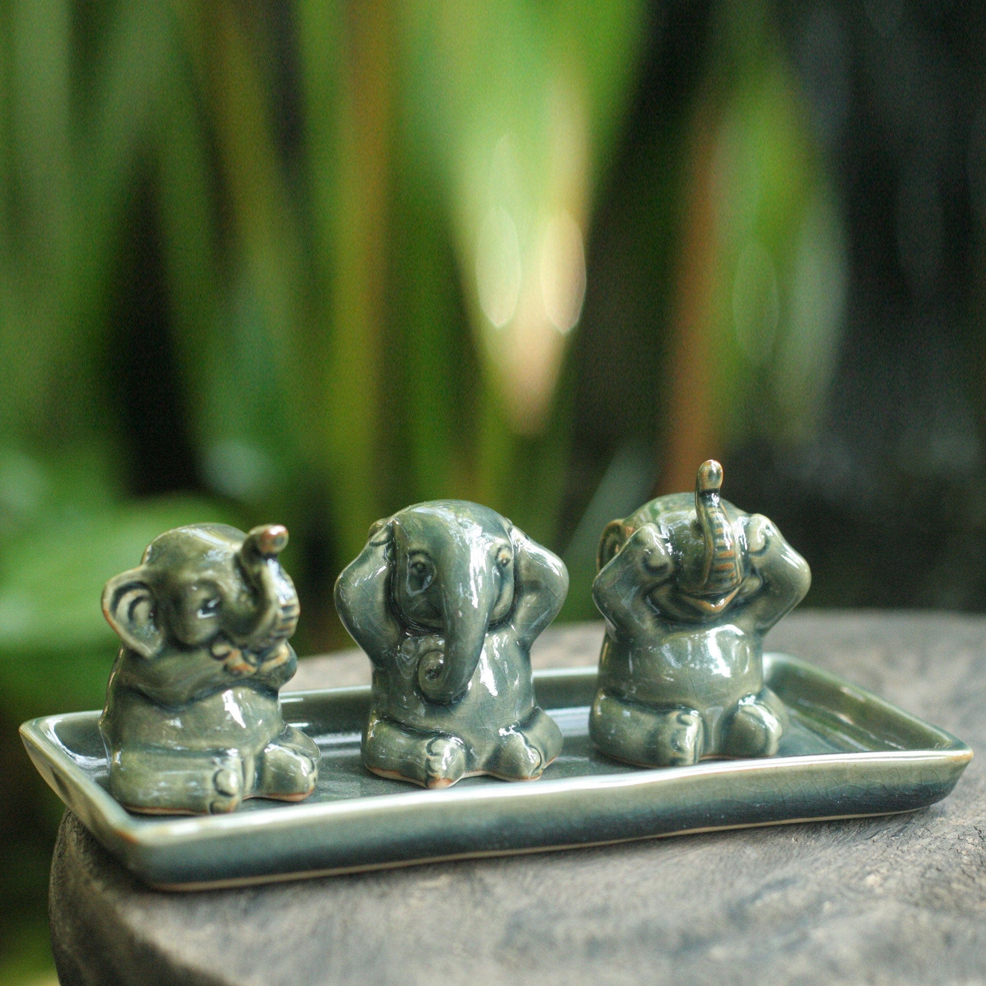 Unique Celadon Ceramic Figurines (Set of 3) - Elephant Lessons – GlobeIn, image size:2000x2000