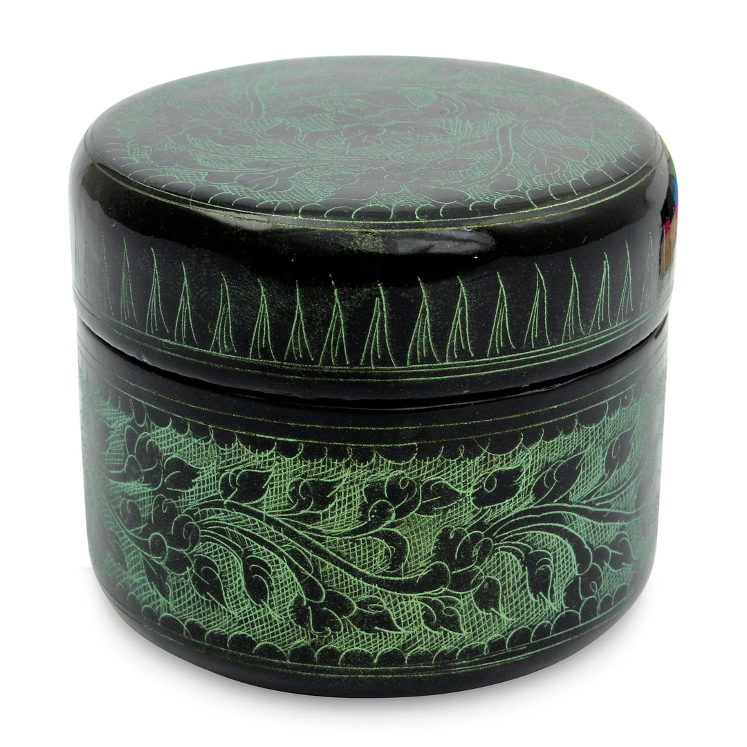 Handcrafted Lacquered Wood Round Decorative Box - Exotic Green Flora