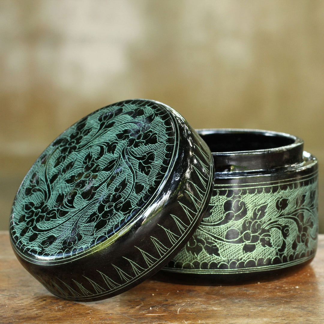 Handcrafted Lacquered Wood Round Decorative Box - Exotic Green Flora