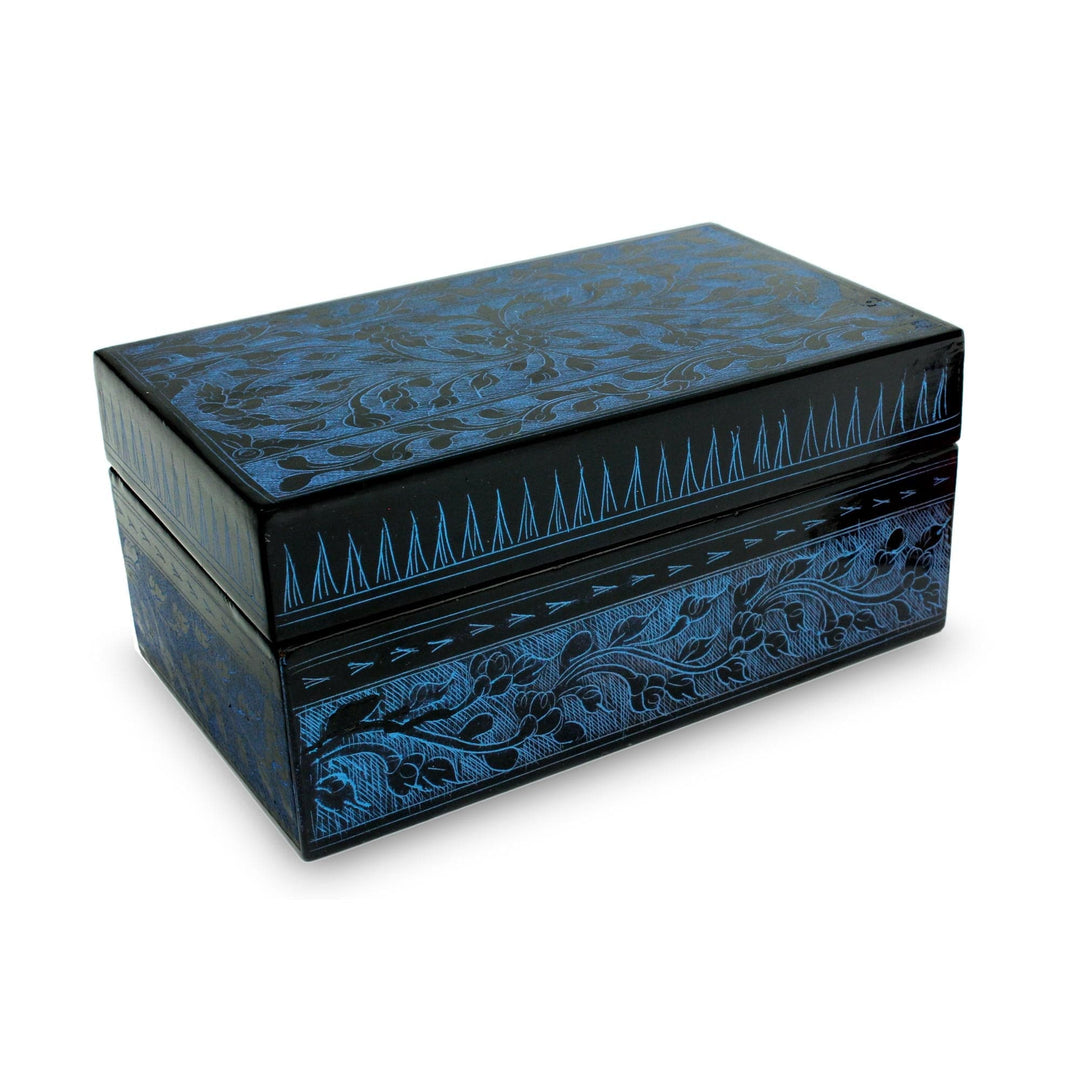 Floral Decorative Box in Handcrafted Lacquered Wood - Blue Thai Fantasy