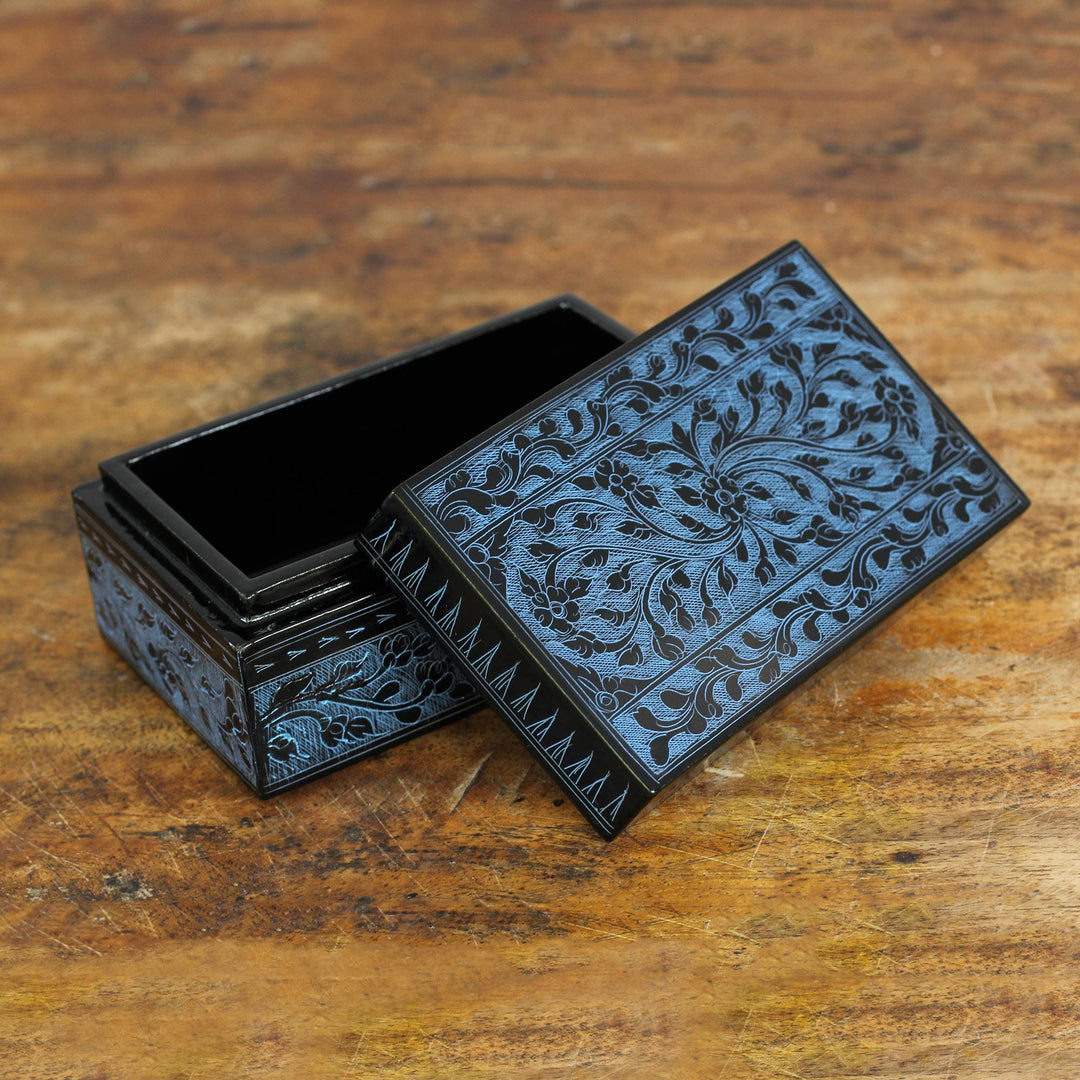 Floral Decorative Box in Handcrafted Lacquered Wood - Blue Thai Fantasy