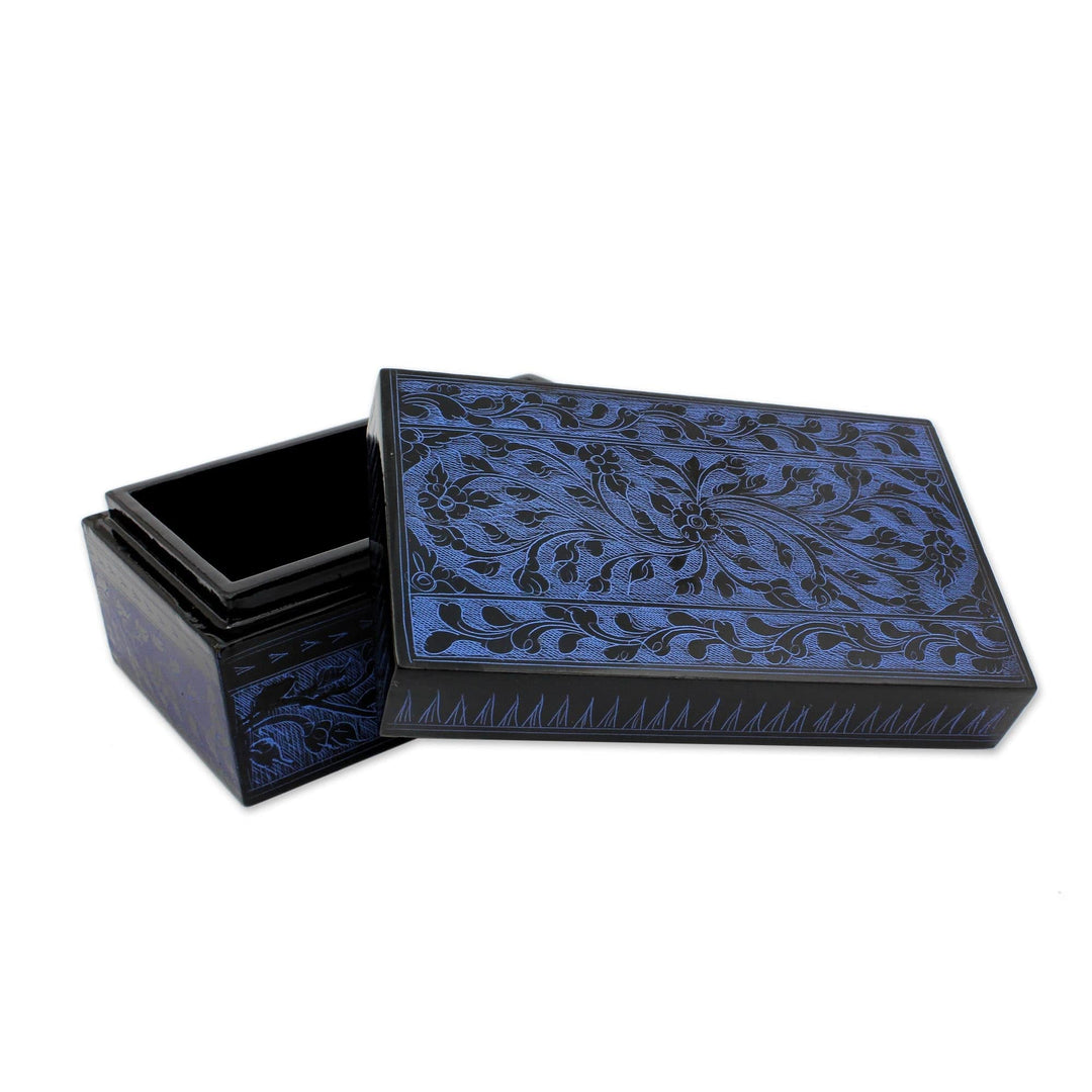 Floral Decorative Box in Handcrafted Lacquered Wood - Blue Thai Fantasy