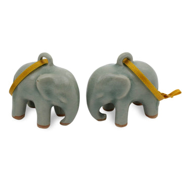 Crackled Green Celadon Ceramic Ornaments - Set of 2 - Light Blue Elephant