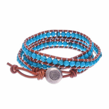 Triple Wrap Leather Bracelet with Reconstituted Turquoise - Cool Sky