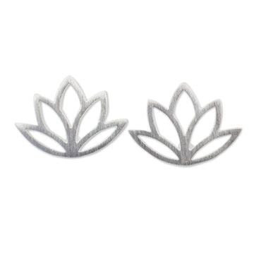 Brushed Sterling Silver Lotus Flower Button Earrings - Sunrise Lotus