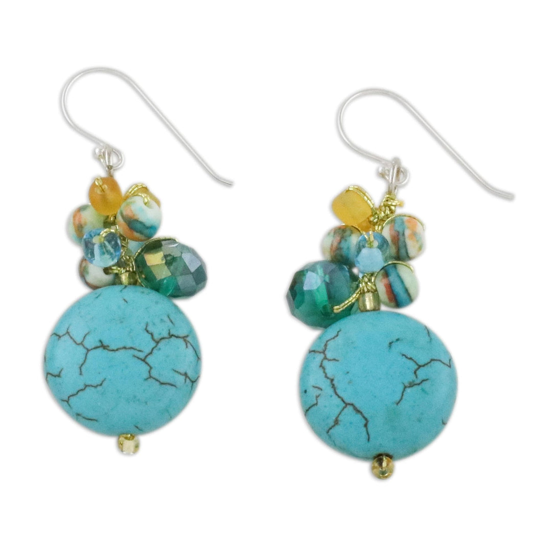 Blue Calcite and Glass Bead Dangle Earrings from Thailand - Blue Circles