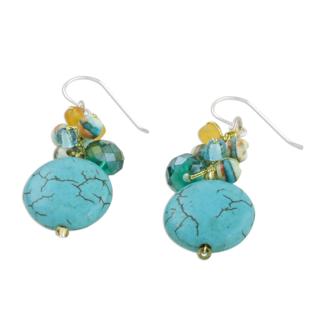 Blue Calcite and Glass Bead Dangle Earrings from Thailand - Blue Circles