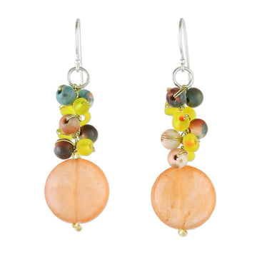 Orange Quartz and Glass Bead Dangle Earrings - Fun Circles in Orange