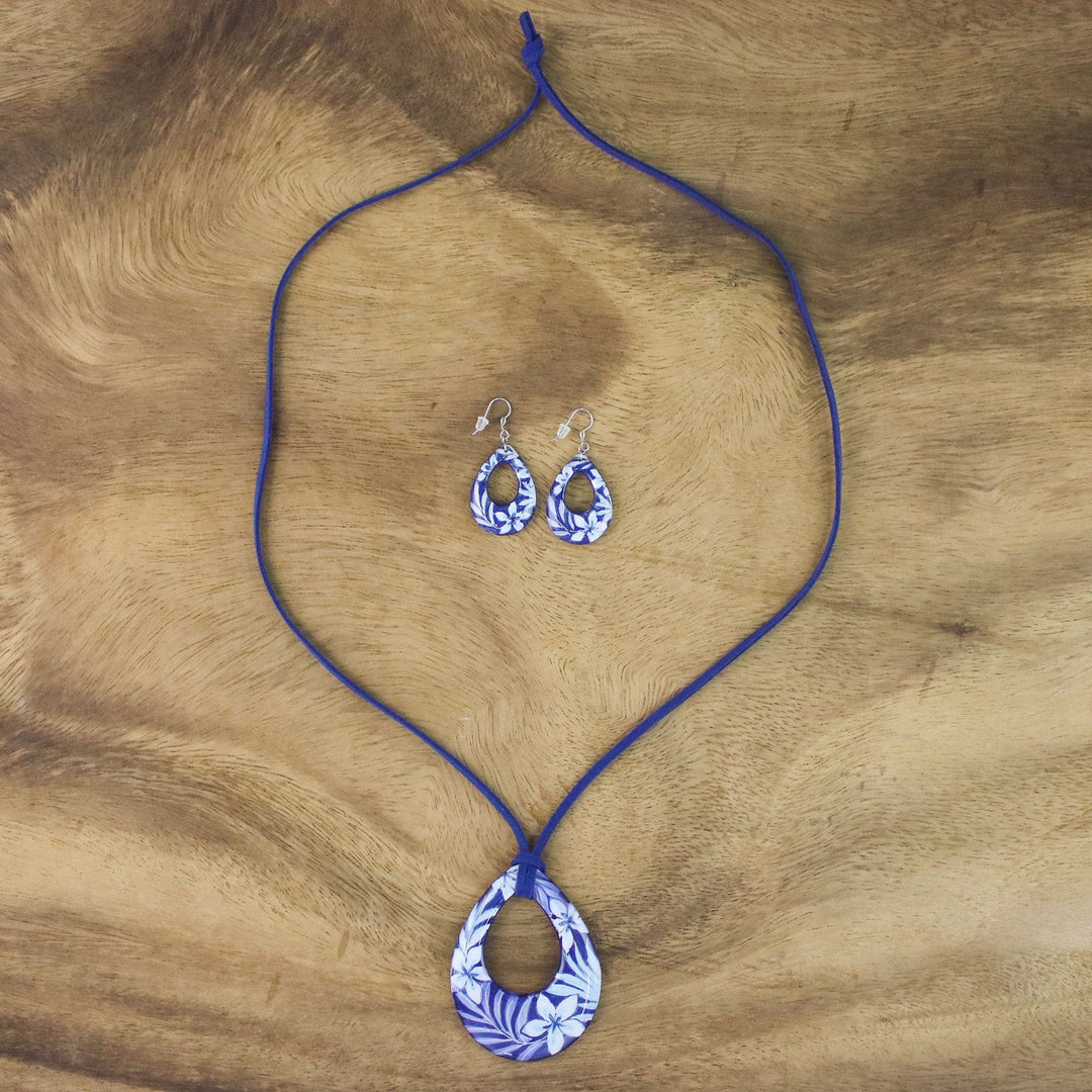 Ceramic Blue Floral Pendant Necklace Dangle Earrings Set - Flying Flowers