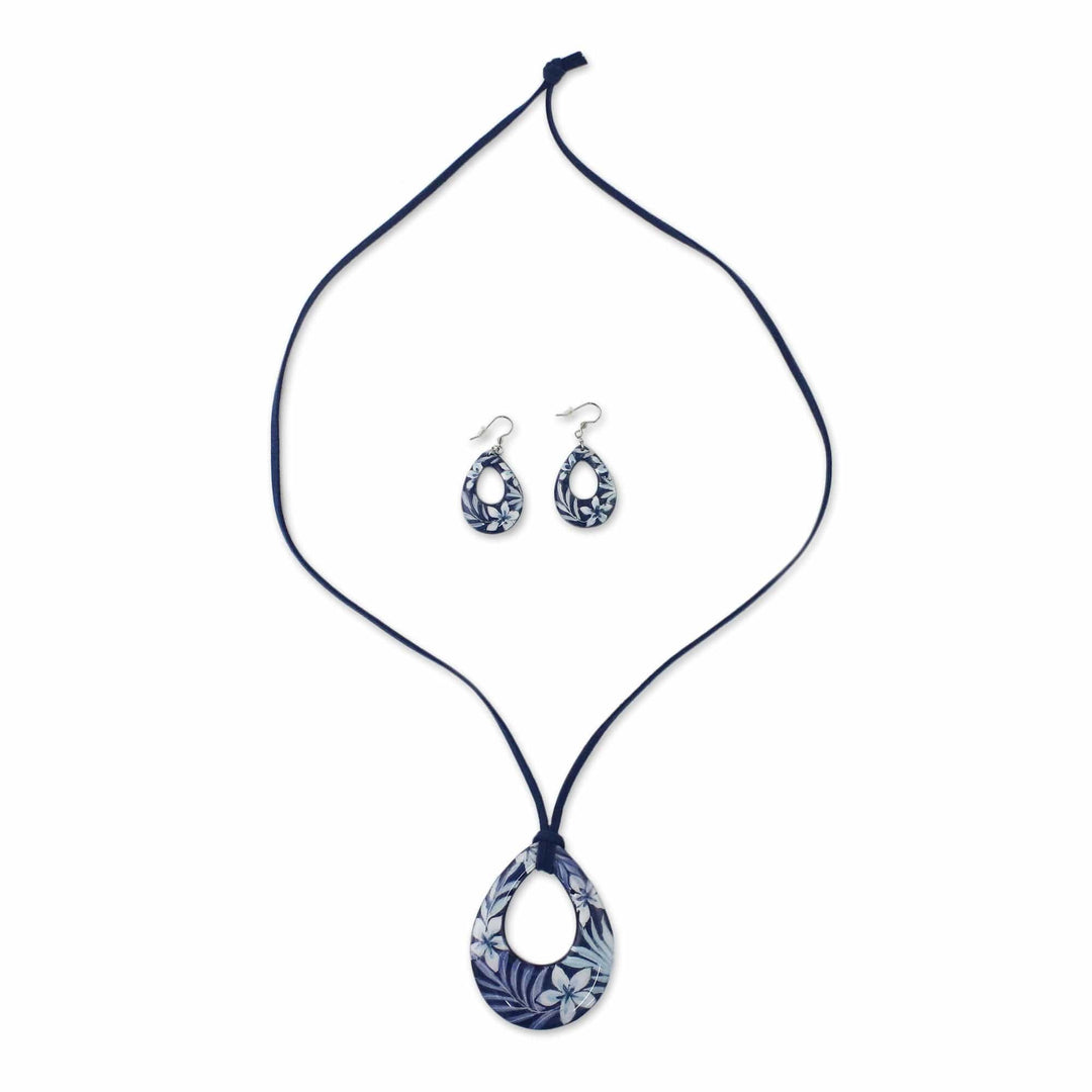 Ceramic Blue Floral Pendant Necklace Dangle Earrings Set - Flying Flowers