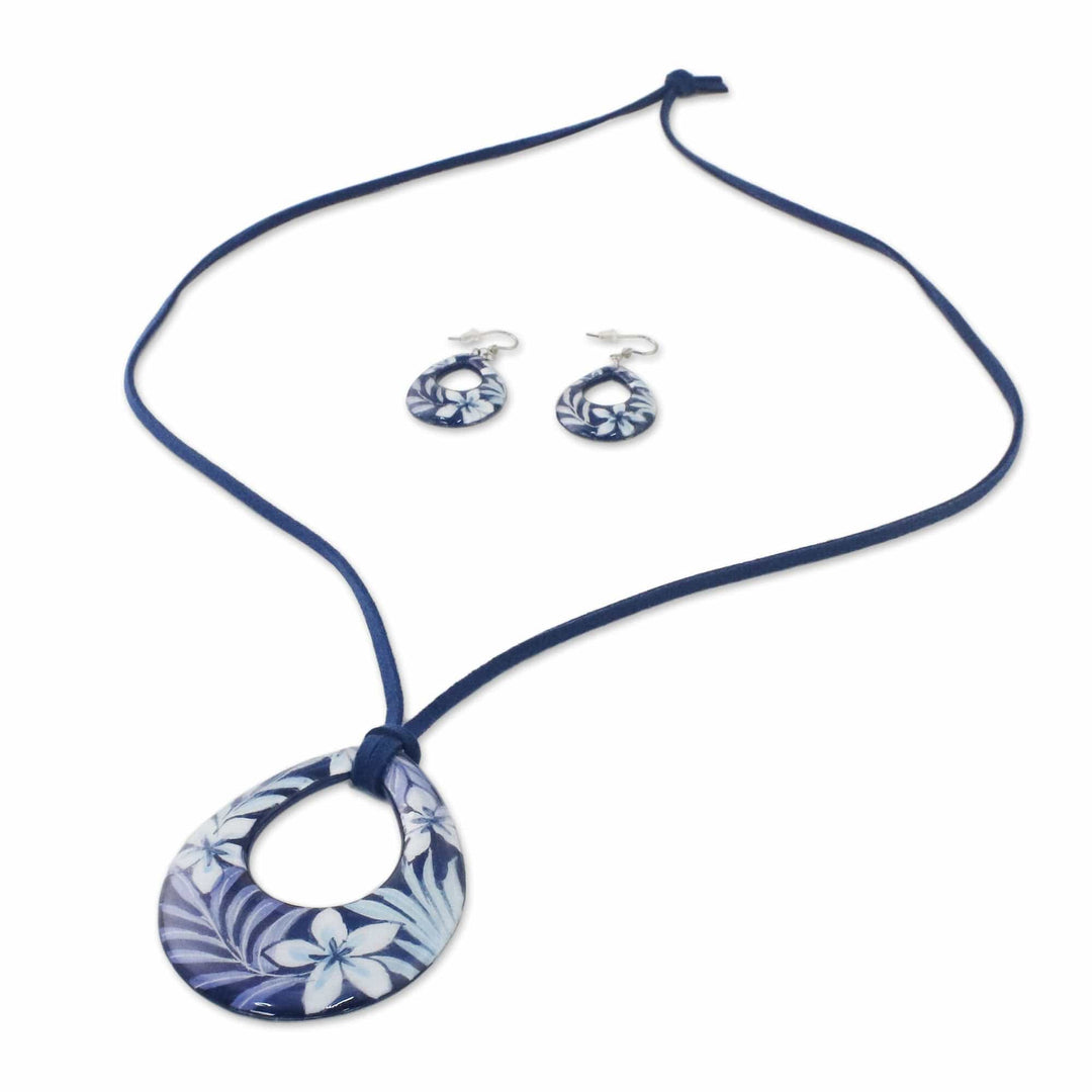 Ceramic Blue Floral Pendant Necklace Dangle Earrings Set - Flying Flowers
