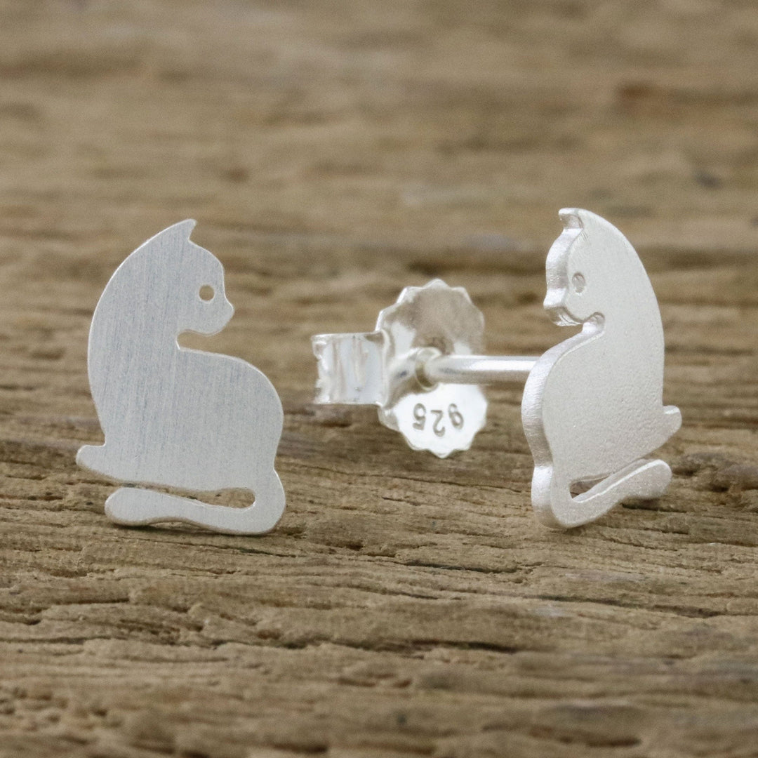 Sterling Silver Cat Stud Earrings from Thailand - Leisurely Felines