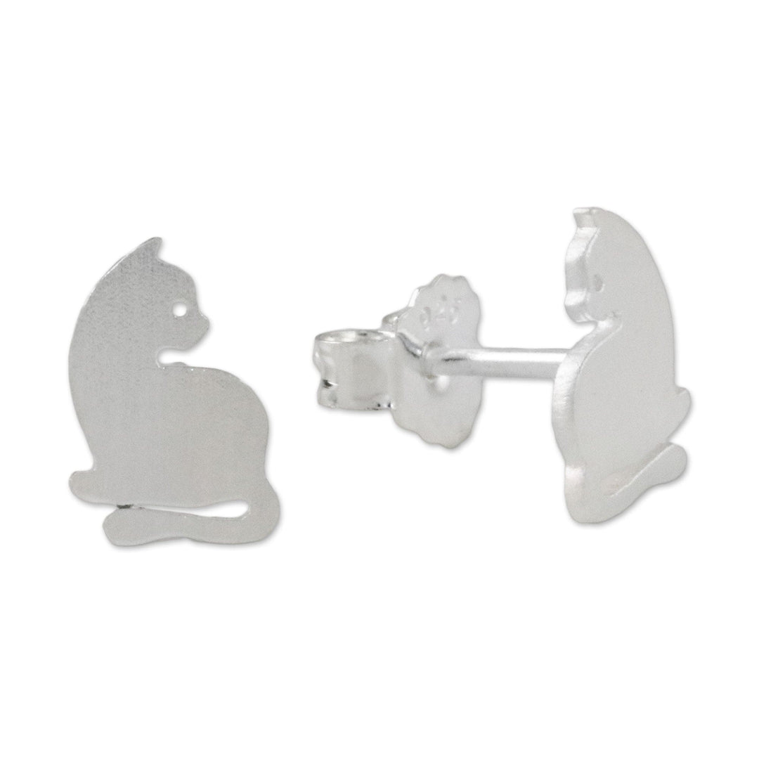 Sterling Silver Cat Stud Earrings from Thailand - Leisurely Felines