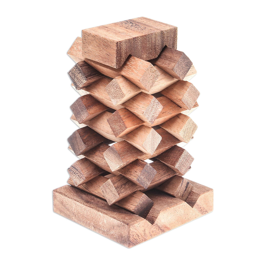 18-Piece Raintree Wood Tower Puzzle from Thailand - Tower of Pisa