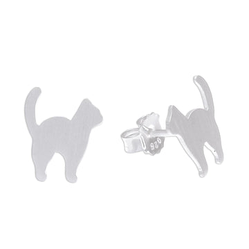 Brushed-Satin Sterling Silver Cat Stud Earrings - Standing Cat