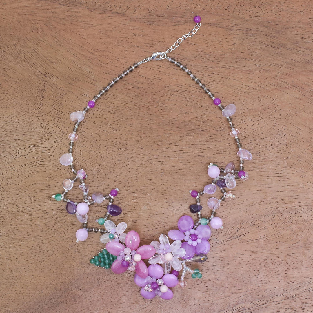 Floral Multi-Gemstone Beaded Statement Necklace - Lavender Garden