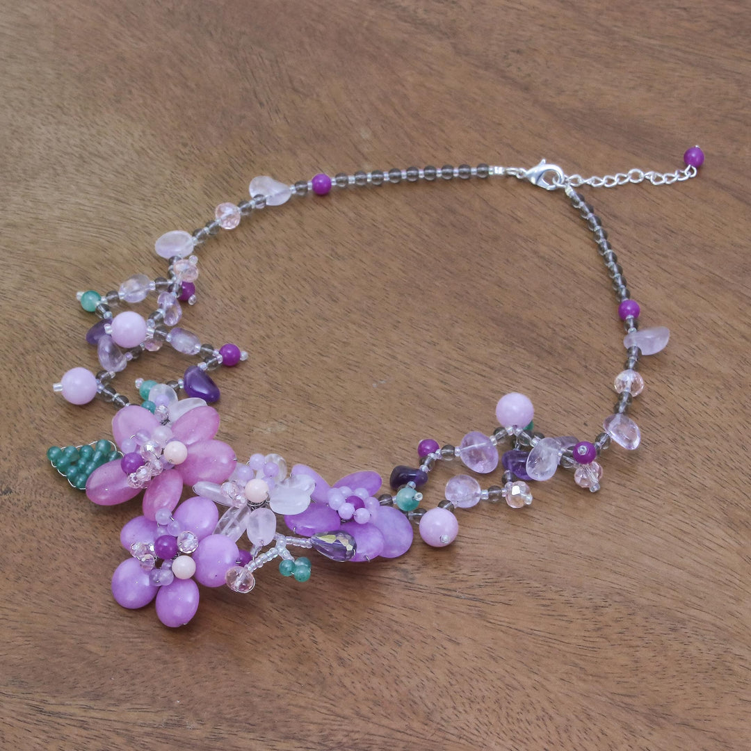 Floral Multi-Gemstone Beaded Statement Necklace - Lavender Garden