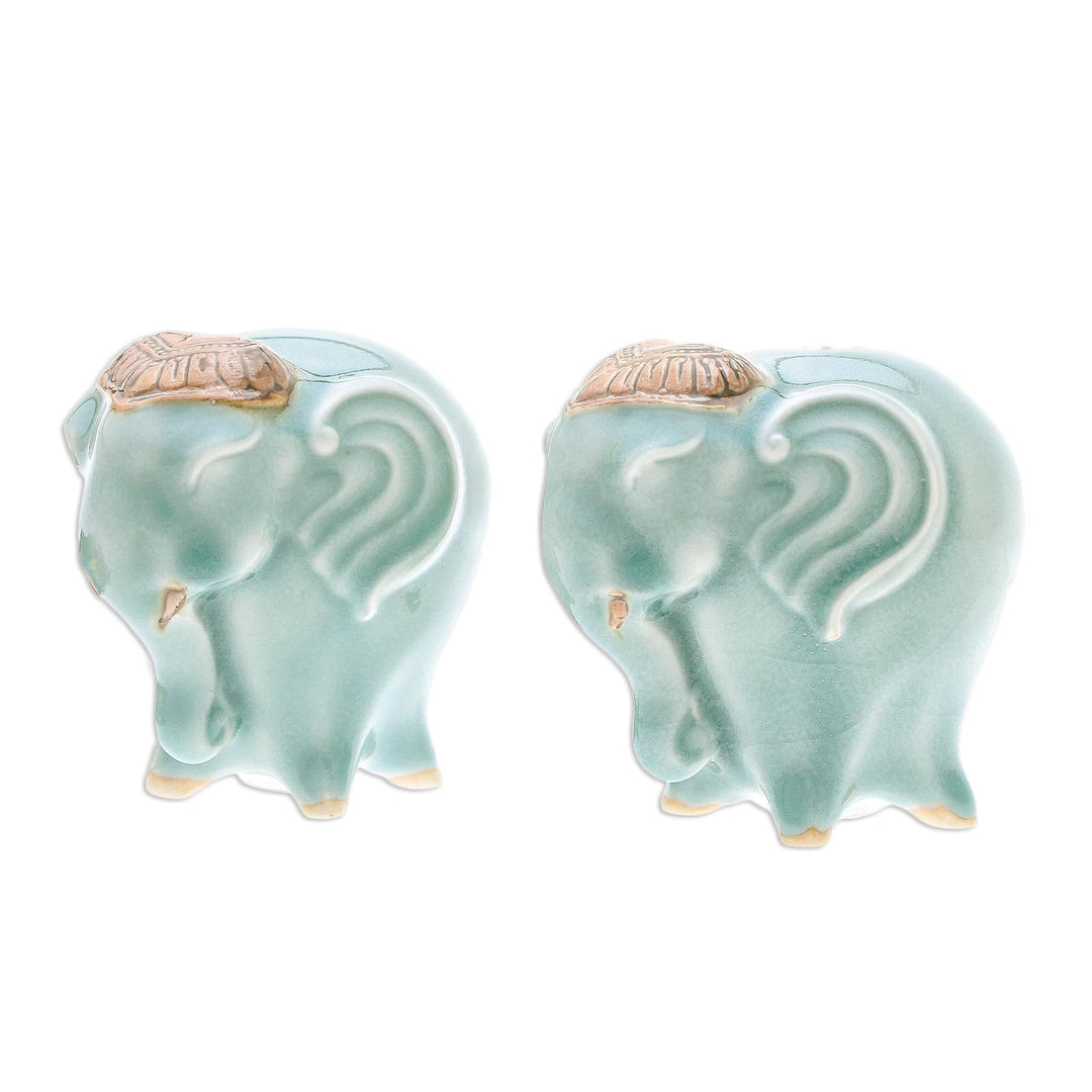Celadon Ceramic Elephant Salt and Pepper Shakers (Pair) - Calm Elephants in Green