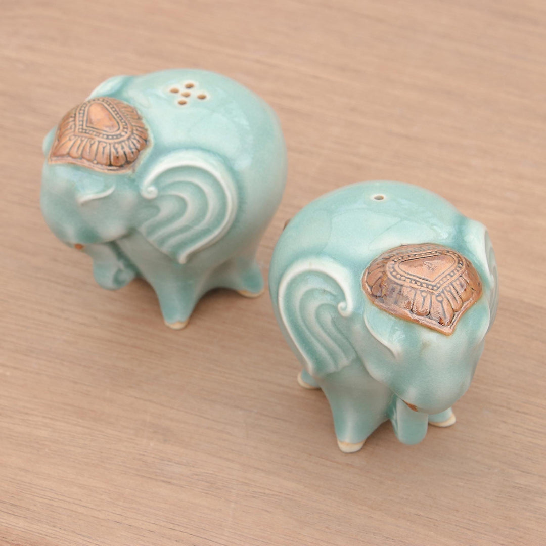 Celadon Ceramic Elephant Salt and Pepper Shakers (Pair) - Calm Elephants in Green