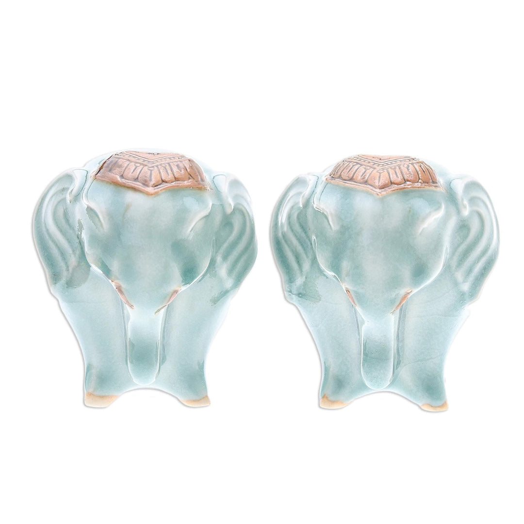 Celadon Ceramic Elephant Salt and Pepper Shakers (Pair) - Calm Elephants in Green