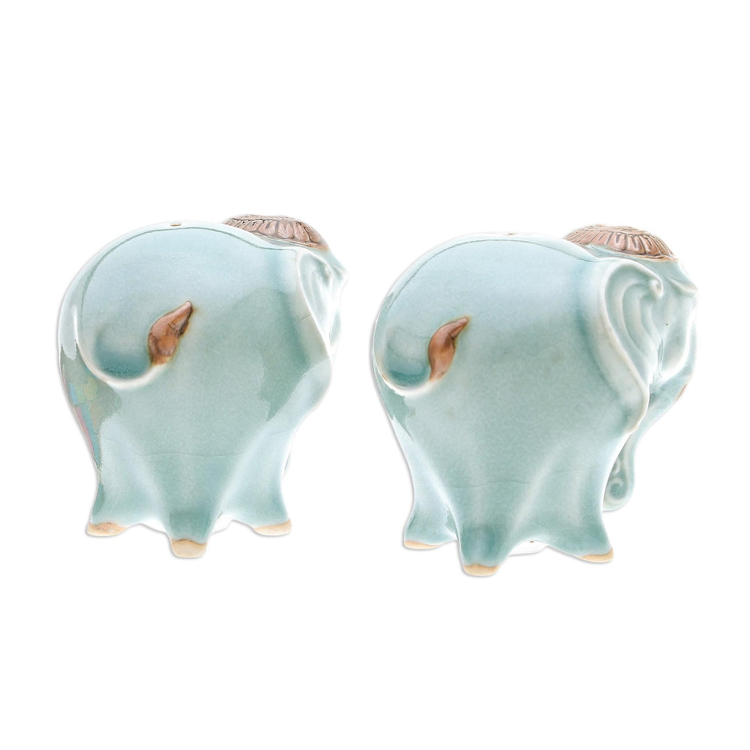 Celadon Ceramic Elephant Salt and Pepper Shakers (Pair) - Calm Elephants in Green