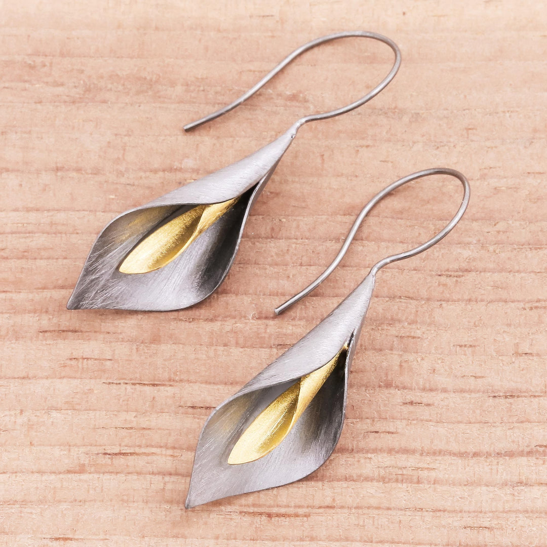 Handmade Gold Accent Rhodium Plated Sterling Silver Earrings - Dark Lily