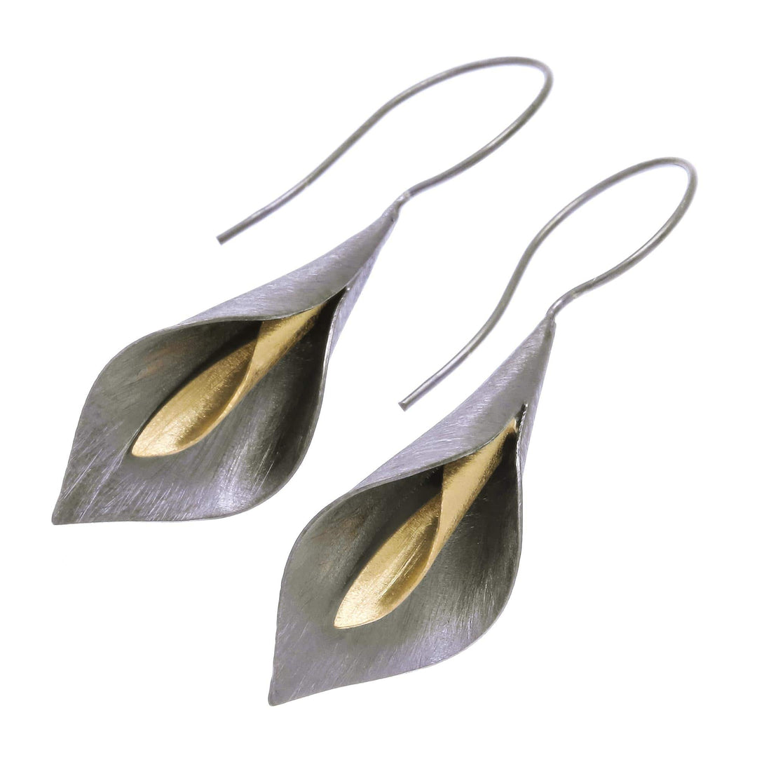 Handmade Gold Accent Rhodium Plated Sterling Silver Earrings - Dark Lily