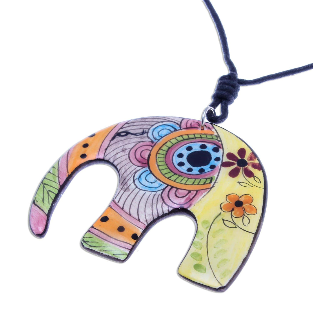 Bohemian Ceramic Elephant Pendant Necklace from Thailand - Elephant Hippie