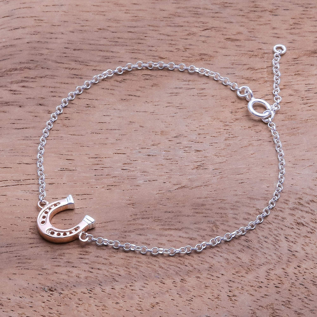 Rose Gold Accented Sterling Silver Horseshoe Bracelet - Horseshoe Gleam