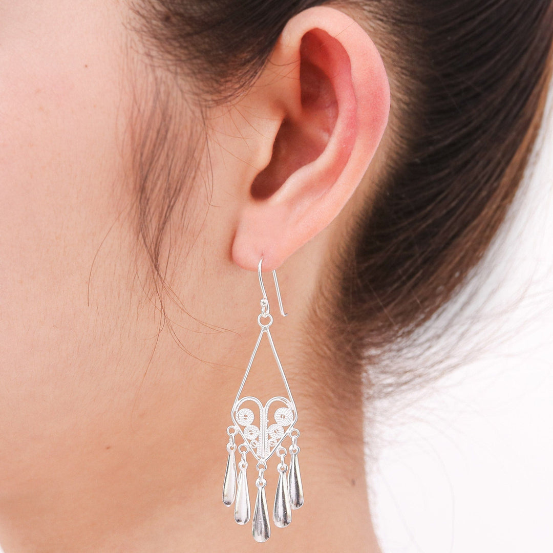 Handmade Sterling Silver Filigree Chandelier Earrings - Diamond Fountains