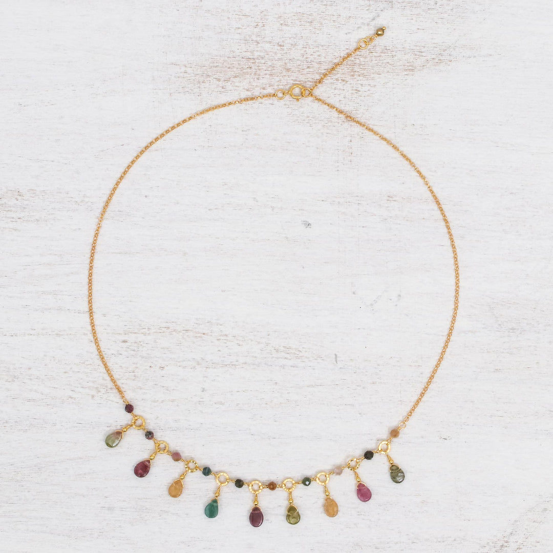 Natural Tourmaline 24k Gold Plated Waterfall Necklace - Colorful Array
