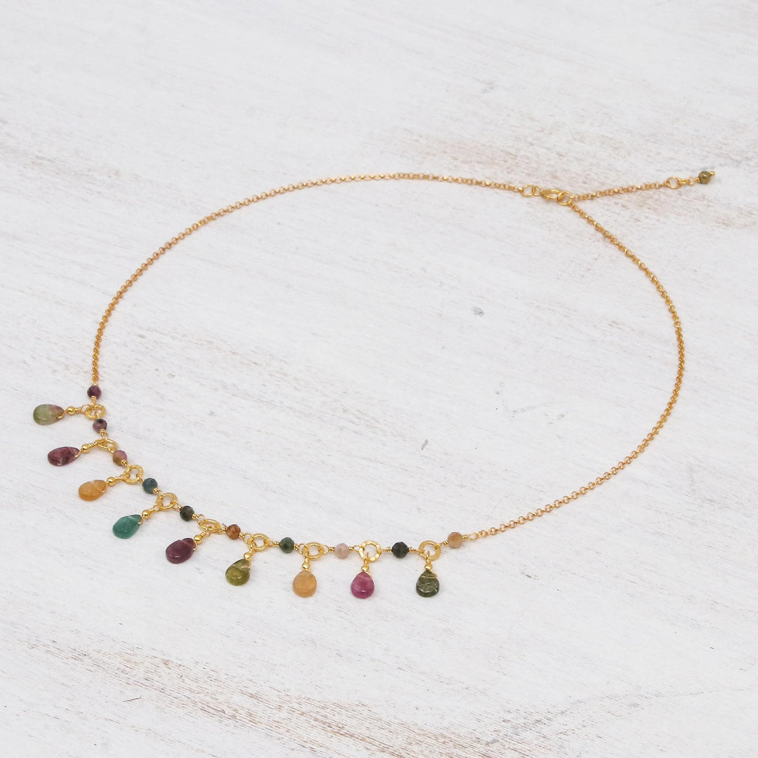 Natural Tourmaline 24k Gold Plated Waterfall Necklace - Colorful Array