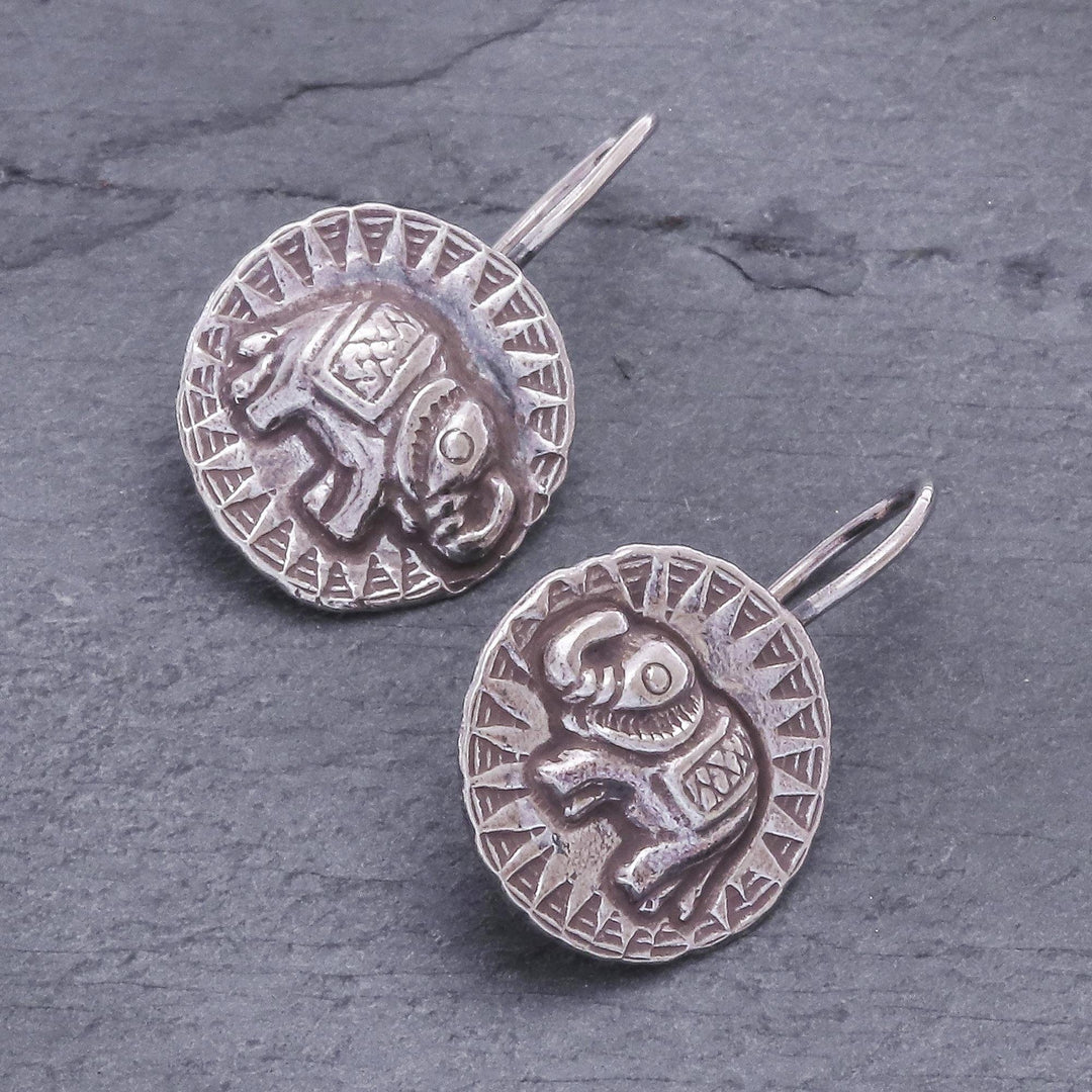 Hill Tribe Style 950 Silver Elephant Drop Earrings - Elephant Sun