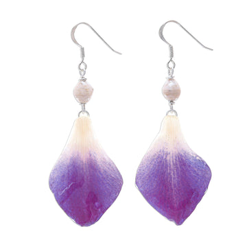 Purple and White Real Flower Petal Dangle Earrings - Forever Orchid in Purple