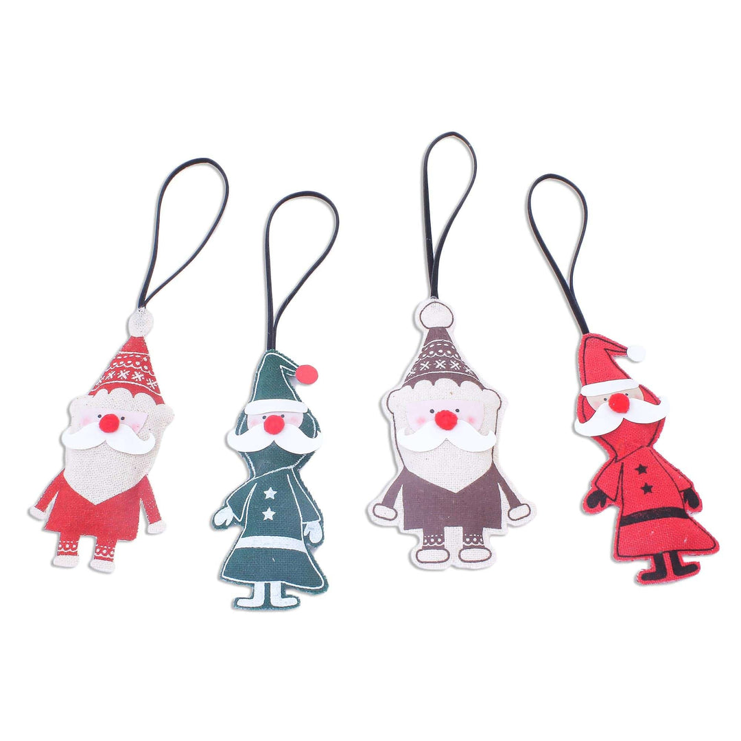 Cotton and Paper Santa Ornaments - Set of 4 - Santa Claus is Coming