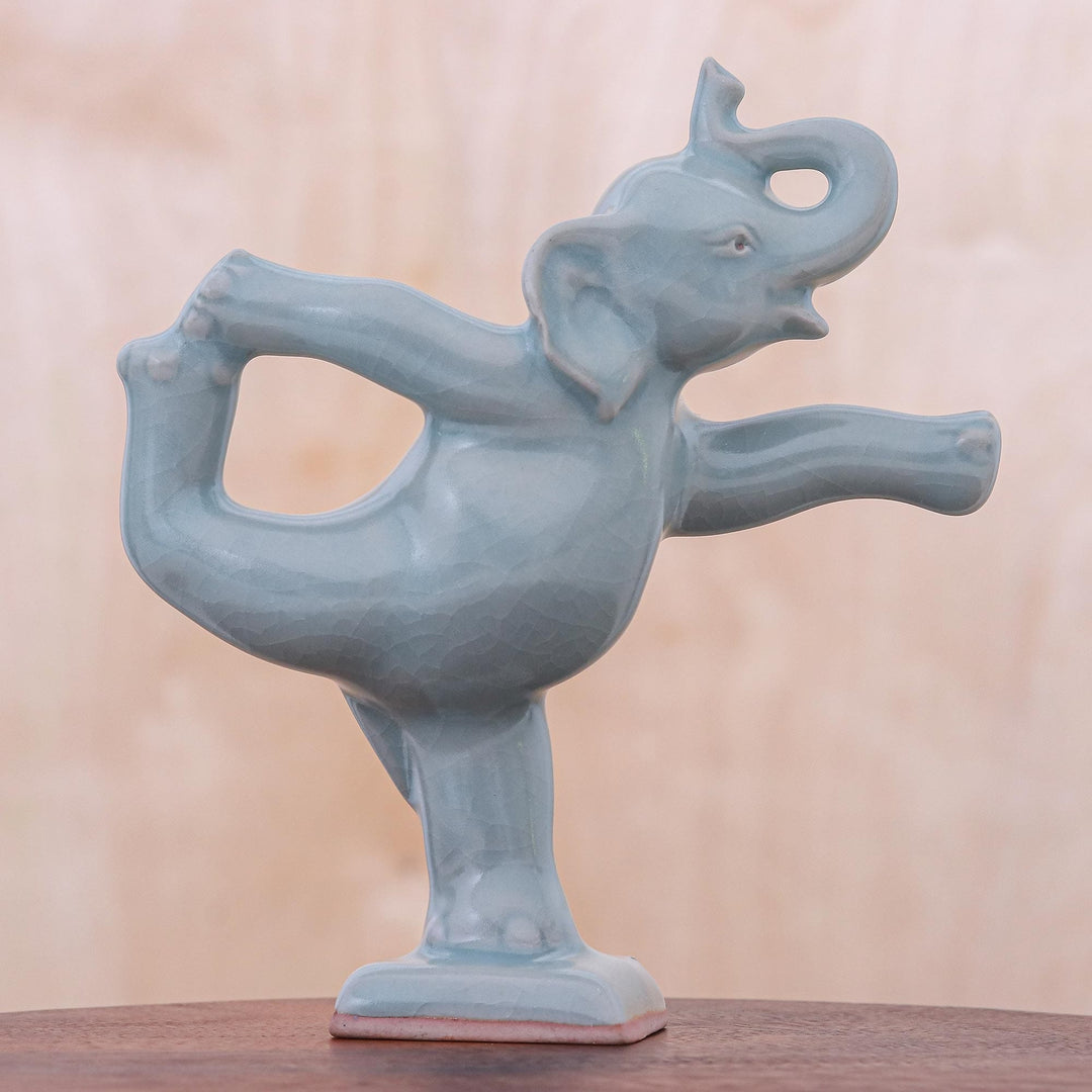 Handmade Ceramic Elephant Yoga-Themed Figurine - Elephant Mountain Pose